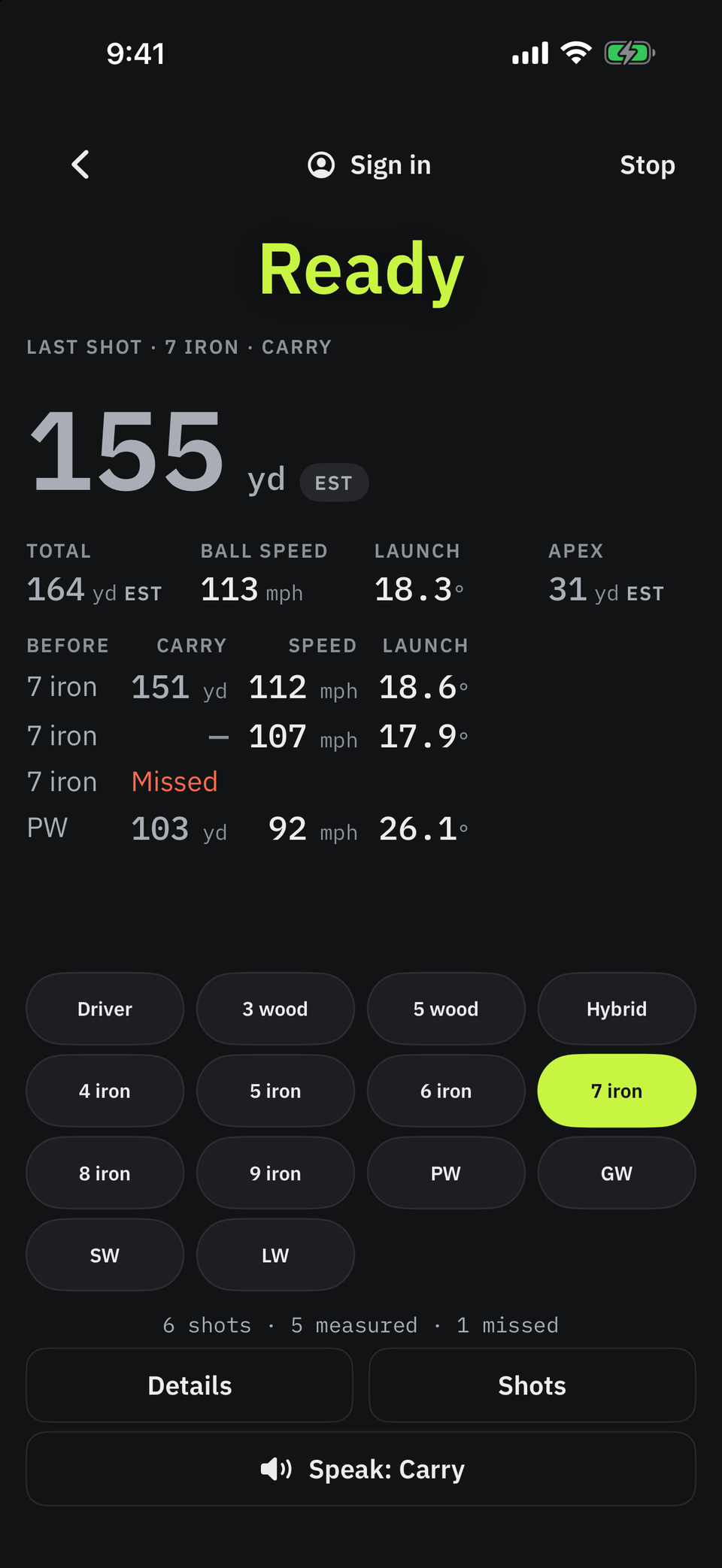 HitSum launch monitor showing a 7 iron carry of 155 yards, ball speed 113 mph and launch 18.3 degrees