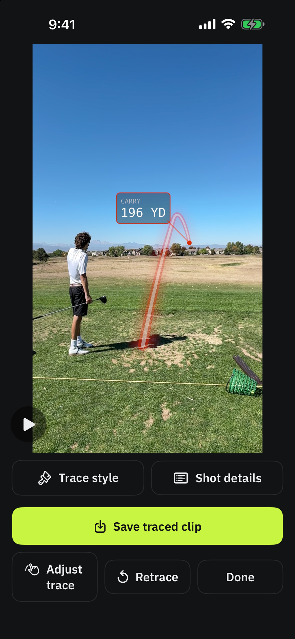 A down-the-line swing video with a red traced ball flight and a 196 yard carry callout